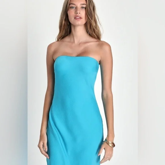 NWT Lulus Exquisite Excellence Turquoise Satin Strapless Maxi Dress - Picture 3 of 11